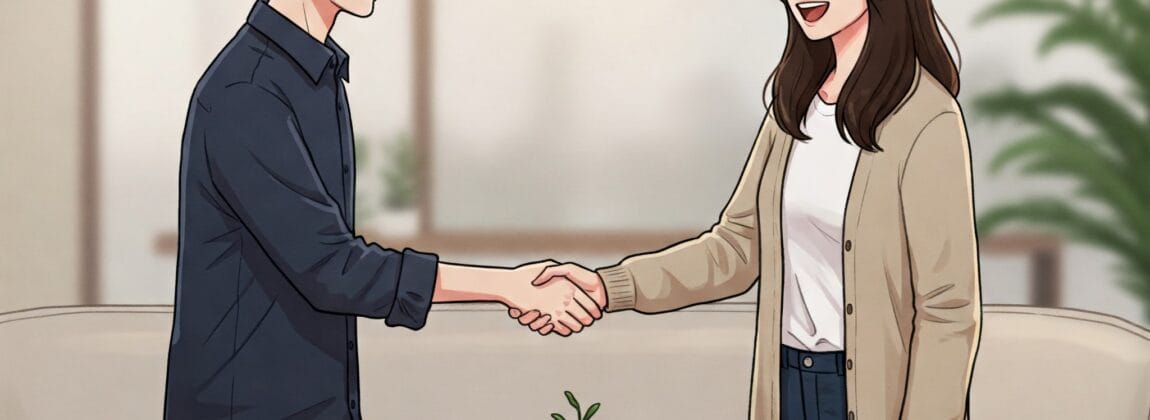 明るい部屋の中で、鉢植えの植物が置かれた小さな丸いテーブルを挟んで二人が向かい合って立ち、微笑みながら握手しています。. 明るい部屋の中で、鉢植えの植物が置かれた小さな丸いテーブルを挟んで二人が向かい合って立ち、微笑みながら握手しています。.