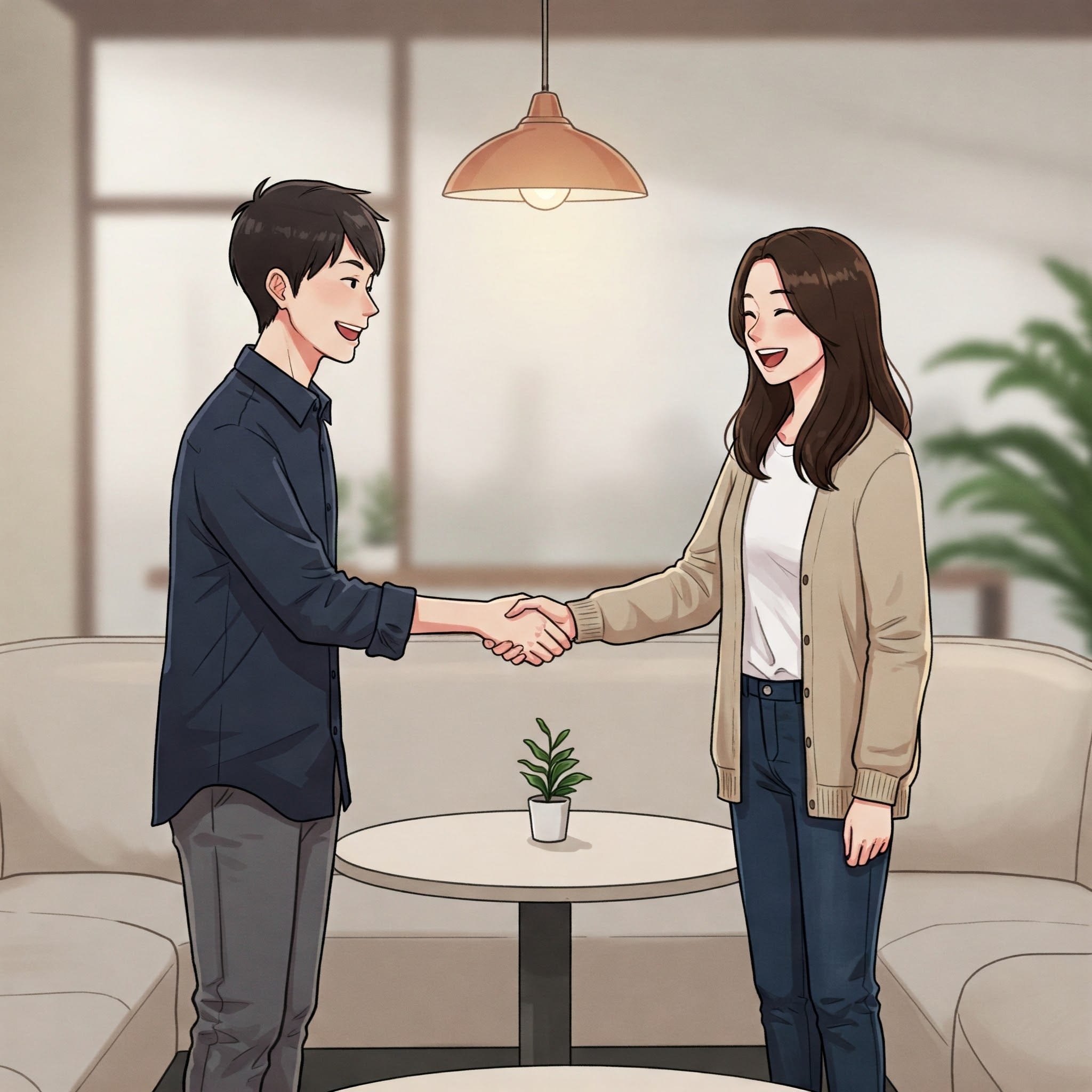 明るい部屋の中で、鉢植えの植物が置かれた小さな丸いテーブルを挟んで二人が向かい合って立ち、微笑みながら握手しています。.