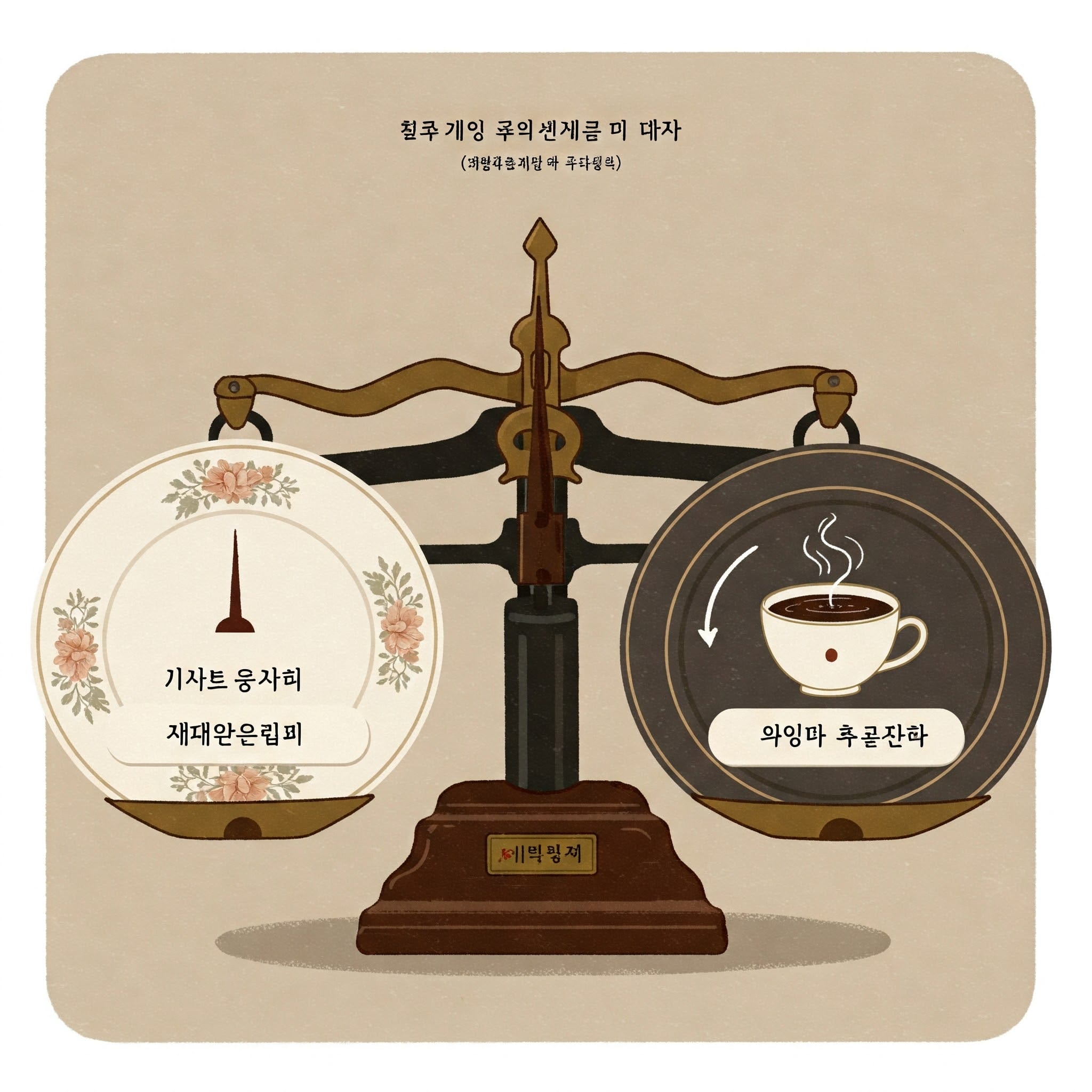 左側に韓国語の文字が書かれた花柄の皿、右側にコーヒーカップが置かれた天秤のイラスト。右側の重量の方が重いです。. 左側に韓国語の文字が書かれた花柄の皿、右側にコーヒーカップが置かれた天秤のイラスト。右側の重量の方が重いです。.