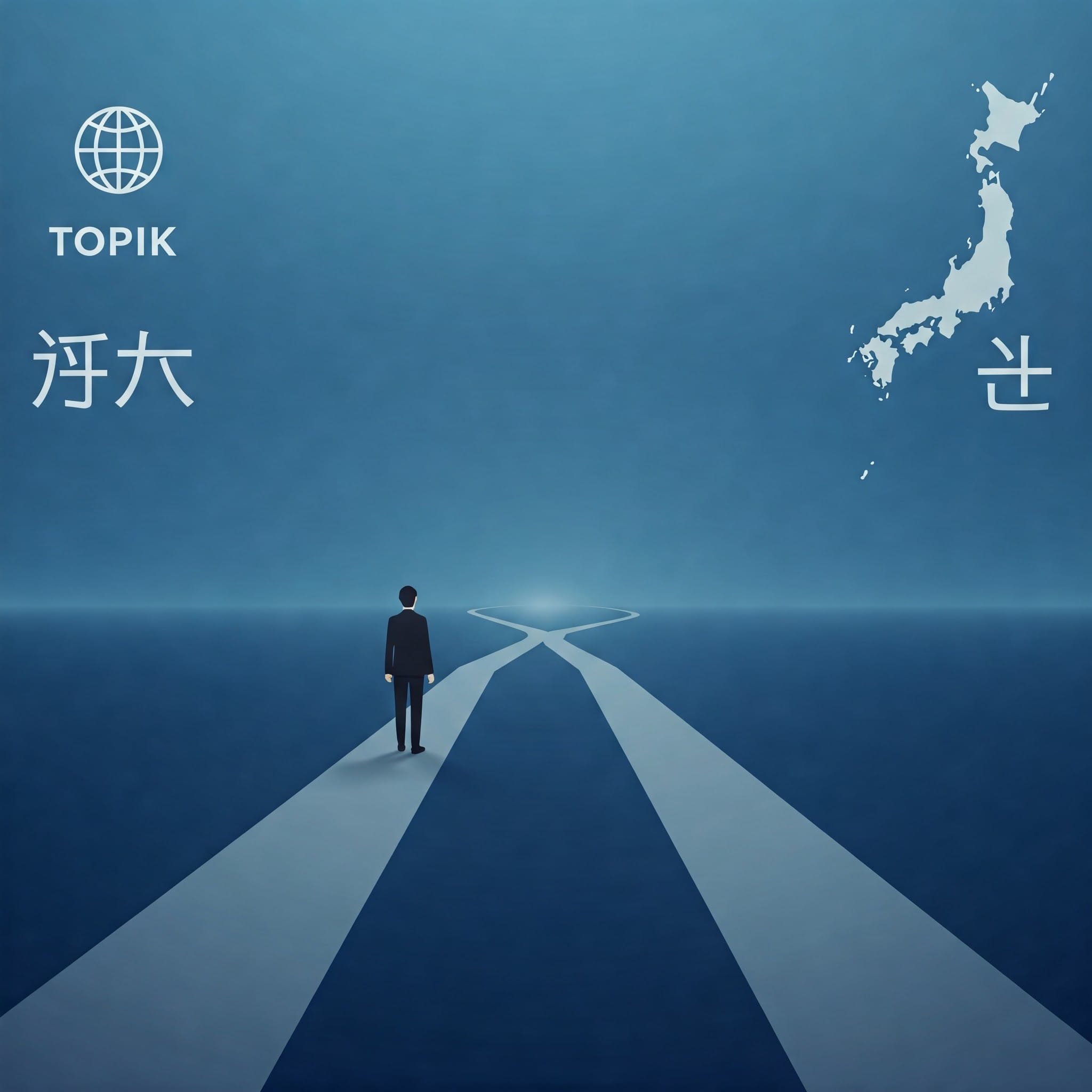 青空の下、交差点に人が立っており、背景には韓国語の文字「TOPIK」と日本の地図が見える。.