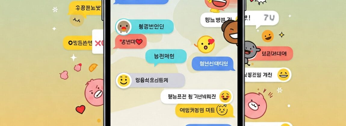 スマートフォンには、さまざまな漫画キャラクターのステッカーと韓国語のメッセージを含むカラフルなグループチャットが表示されており、その周囲にはさらに多くの漫画キャラクターと吹き出しが配置されています。.
