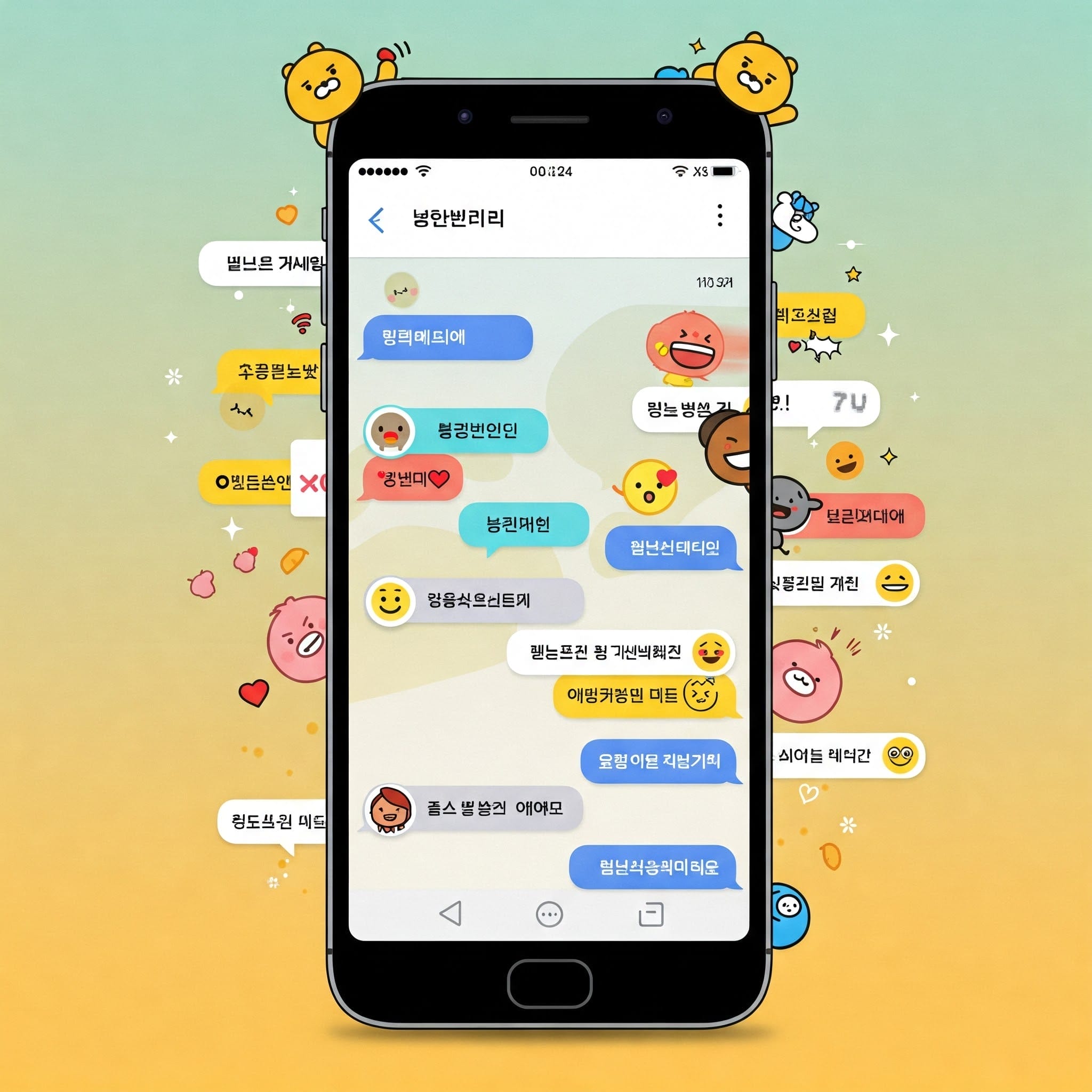 スマートフォンには、さまざまな漫画キャラクターのステッカーと韓国語のメッセージを含むカラフルなグループチャットが表示されており、その周囲にはさらに多くの漫画キャラクターと吹き出しが配置されています。.
