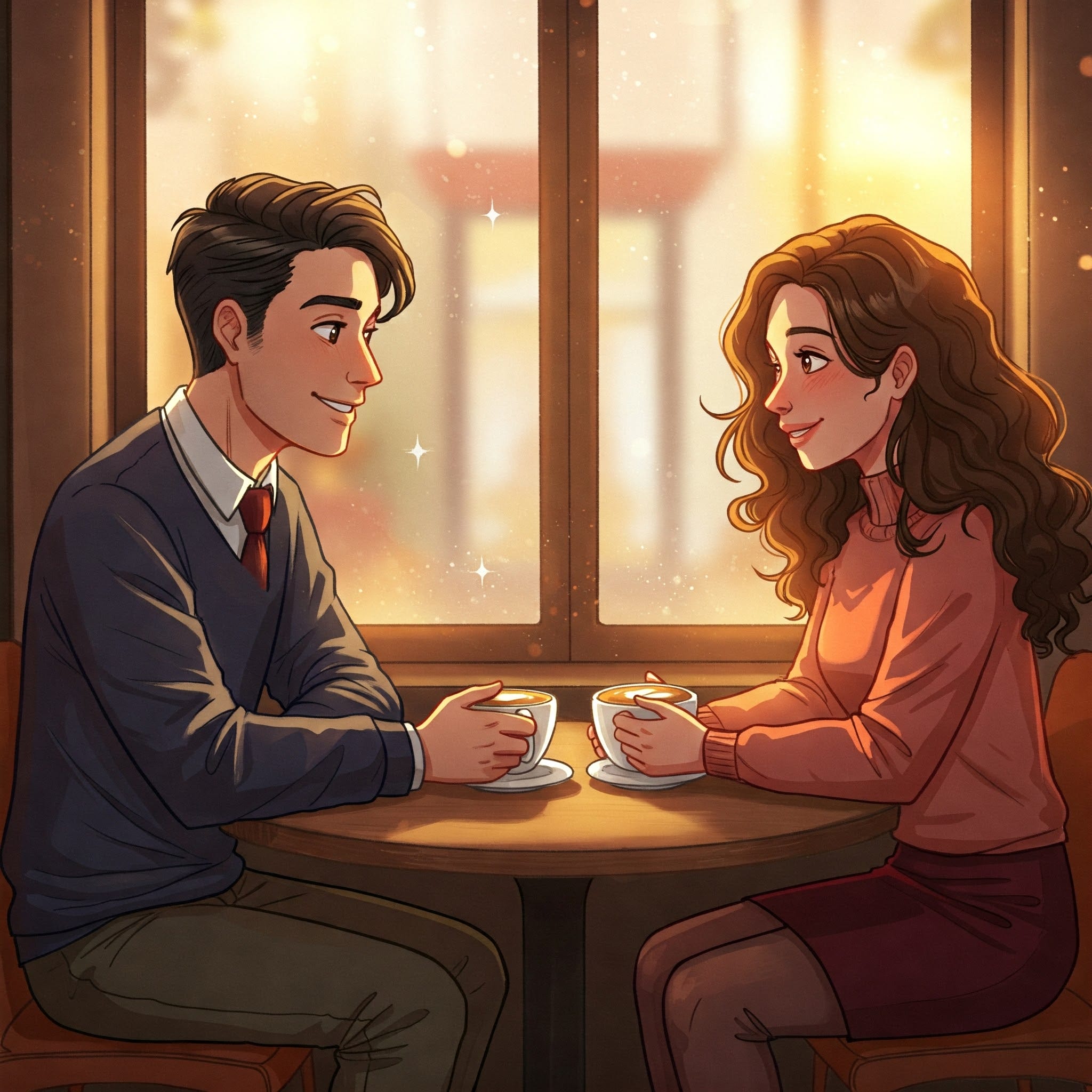 カフェのテーブルで男女が向かい合って座り、コーヒーカップを手に持っています。背後の窓からは暖かい光が差し込んでいます。.