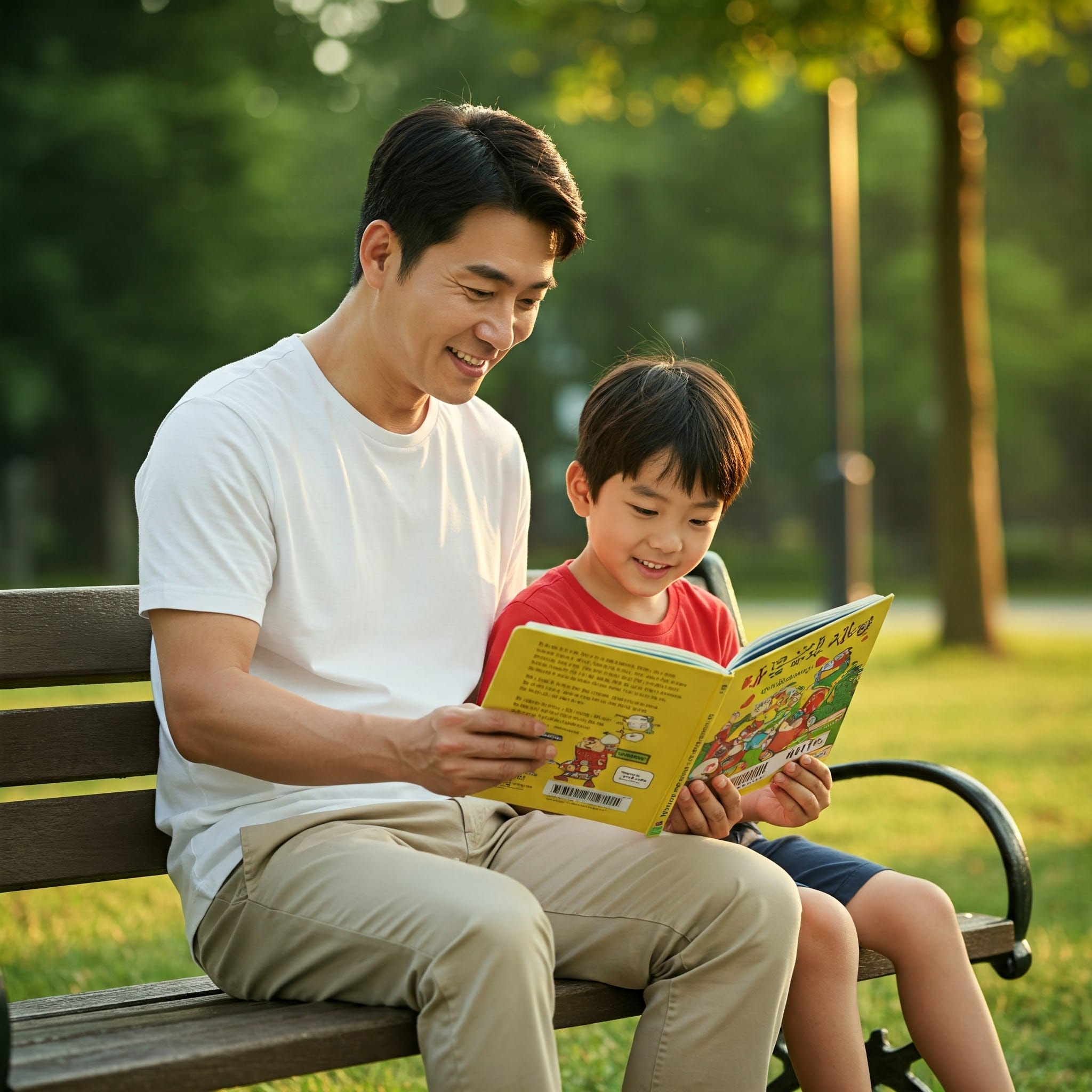 晴れた日に、大人と子供が一緒に公園のベンチに座り、笑顔でカラフルな子供向けの本を読んでいます。.