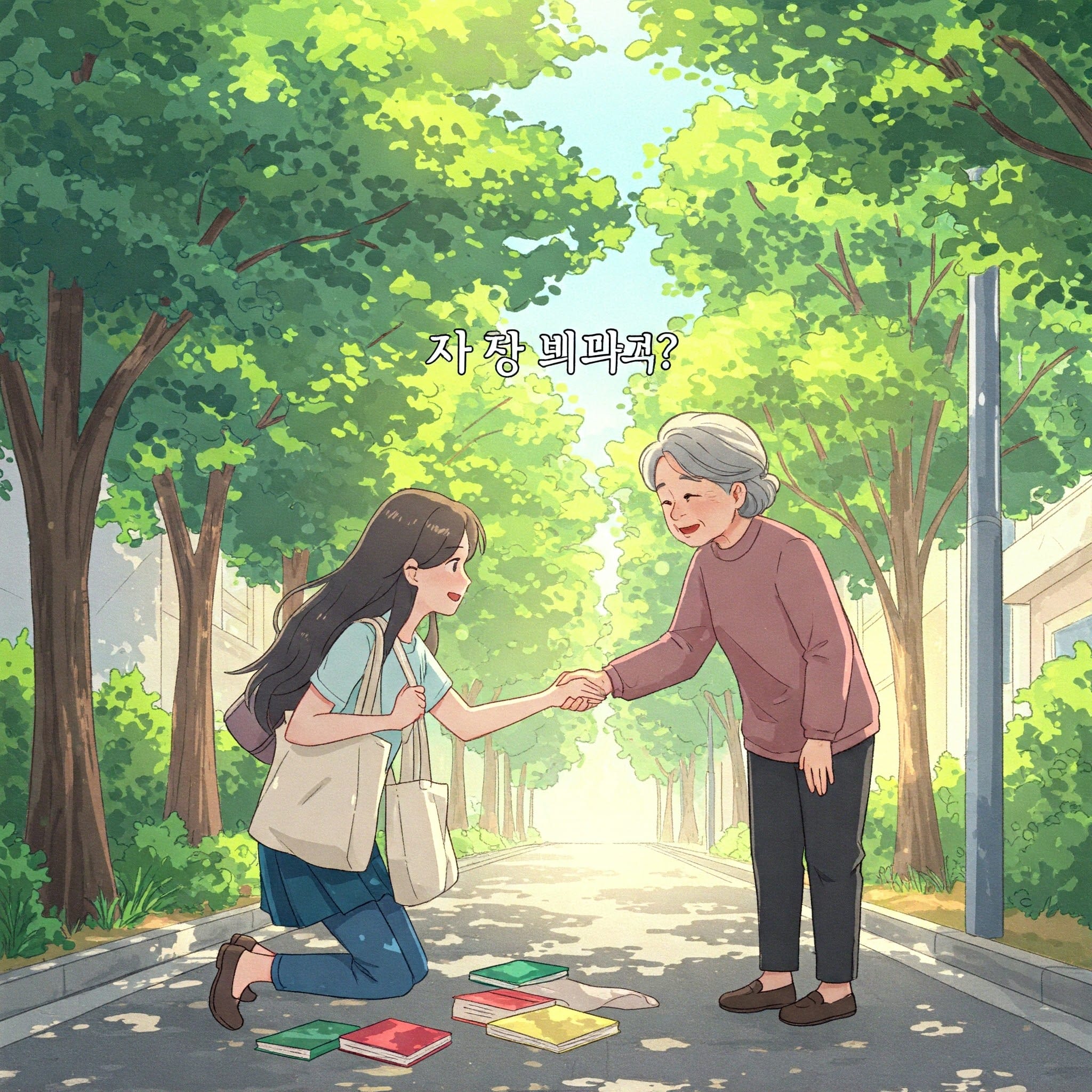 若い女性が並木道にひざまずき、落ちている本を拾いながら年配の女性と握手している。その上に韓国語の文字が表示されている。.