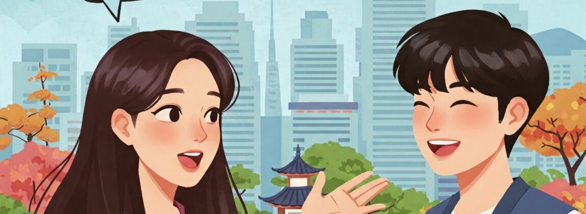 韓国の伝統衣装を着た二人の若者が、街のビル群と秋の木々を背景に屋外で会話をしています。彼らの頭上には韓国語の吹き出しが表示されています。. 韓国の伝統衣装を着た二人の若者が、街のビル群と秋の木々を背景に屋外で会話をしています。彼らの頭上には韓国語の吹き出しが表示されています。.