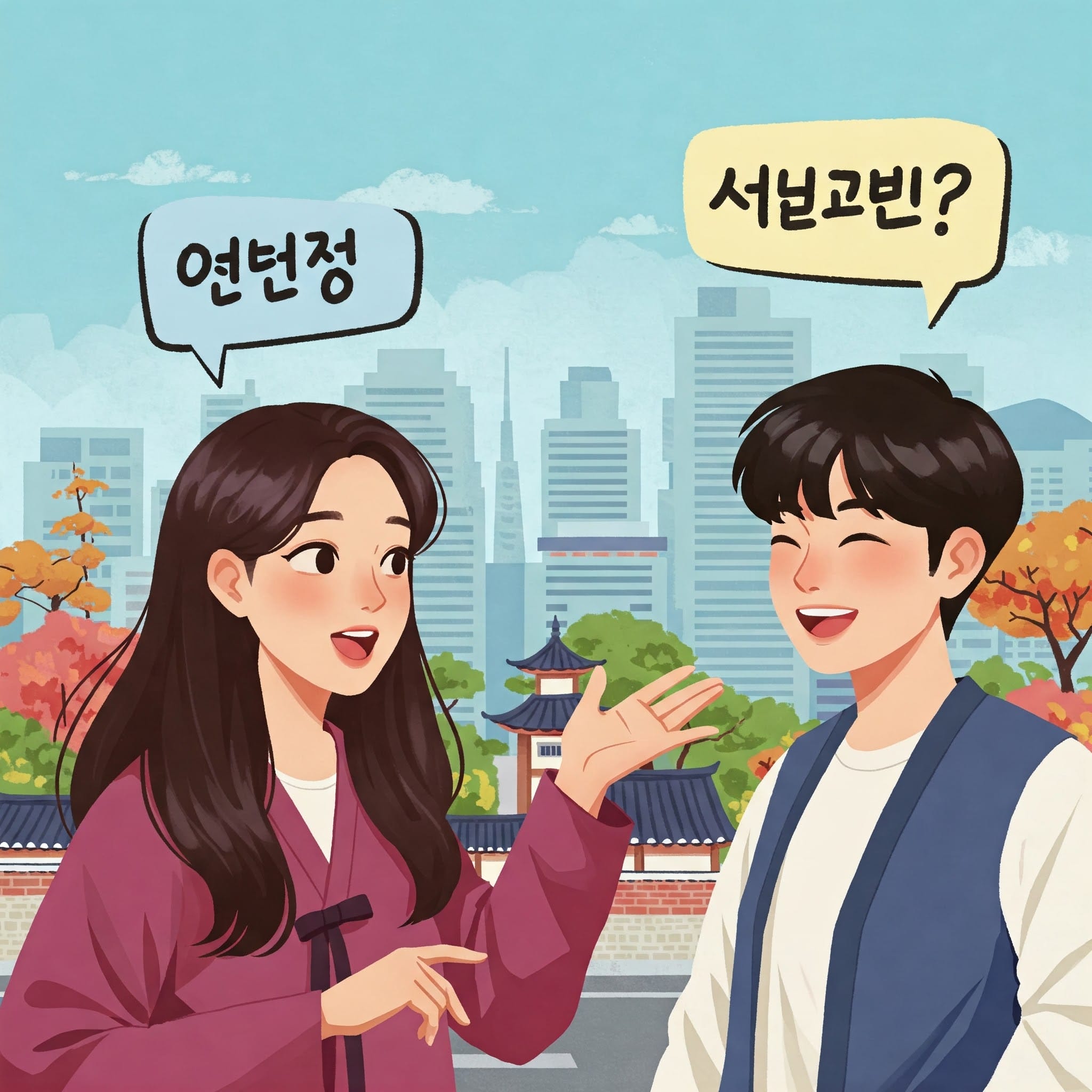 韓国の伝統衣装を着た二人の若者が、街のビル群と秋の木々を背景に屋外で会話をしています。彼らの頭上には韓国語の吹き出しが表示されています。.