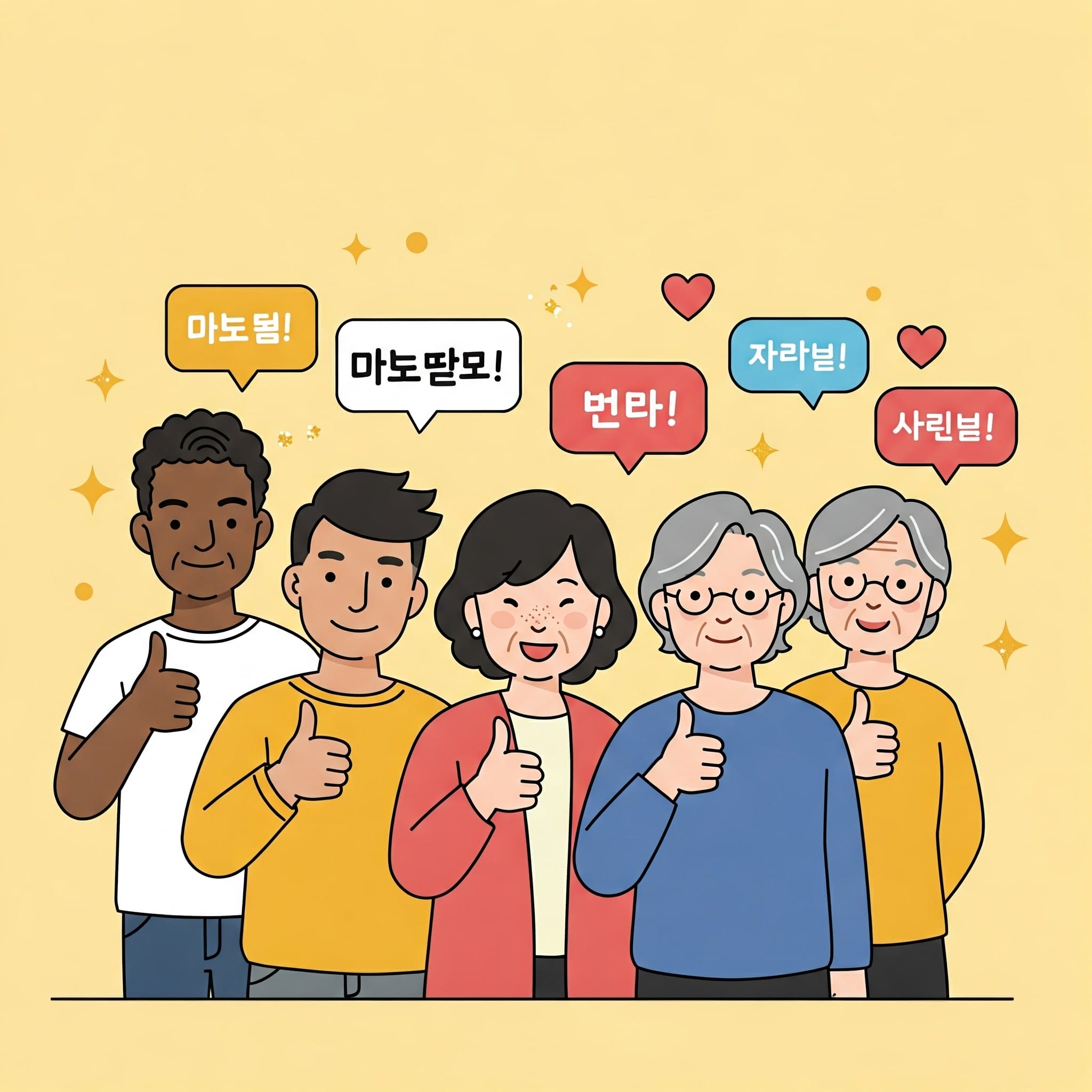 年齢も経歴もさまざまな5人が一列に並び、笑顔で親指を立てており、頭上には韓国語の文字とカラフルな吹き出しが表示されている。. 年齢も経歴もさまざまな5人が一列に並び、笑顔で親指を立てており、頭上には韓国語の文字とカラフルな吹き出しが表示されている。.