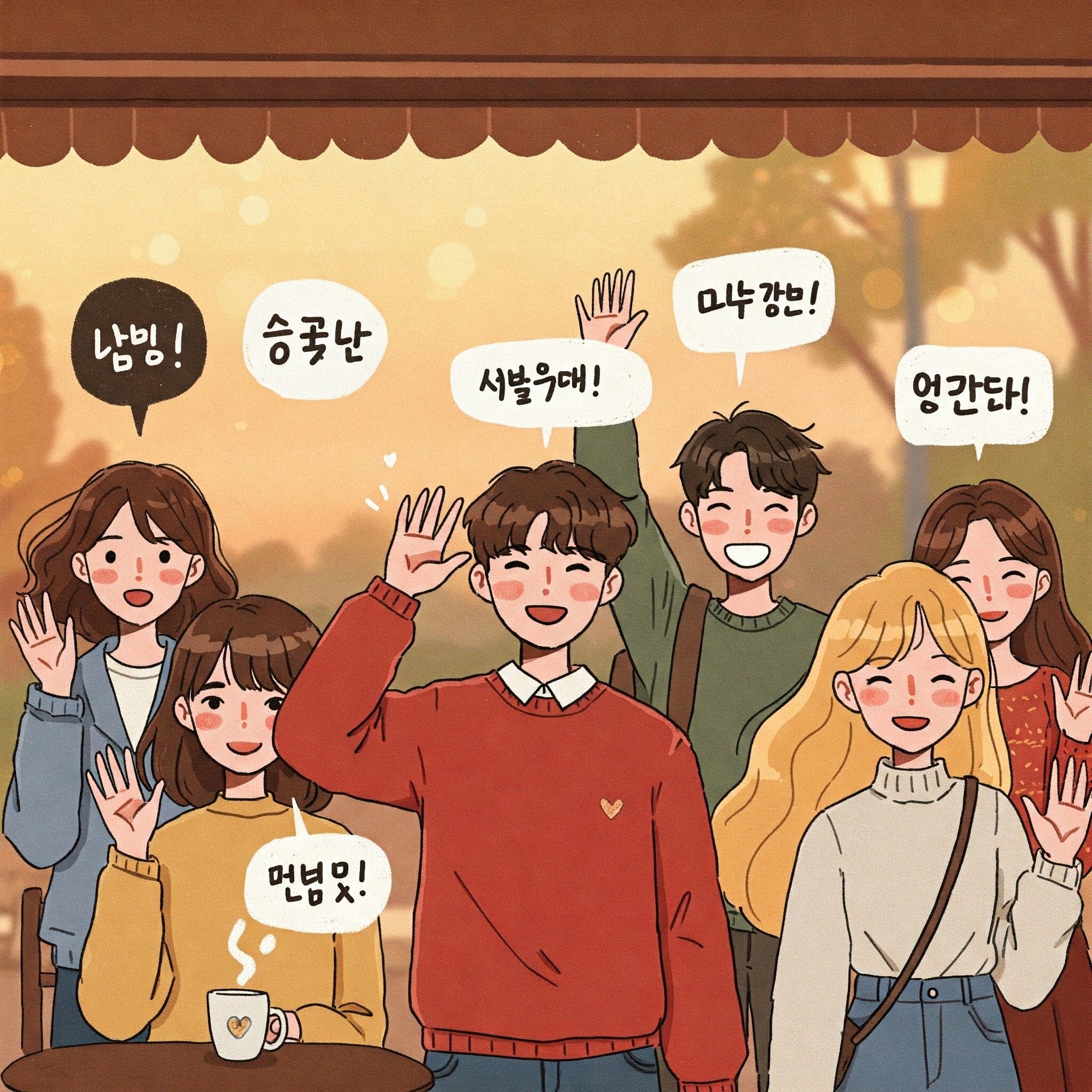 6人の活気あふれる若者が屋外に集まり、笑顔で手を振っている。彼らの頭上には韓国語の吹き出しが浮かび上がっている。1人が前のテーブルにコーヒーカップを置いている。.