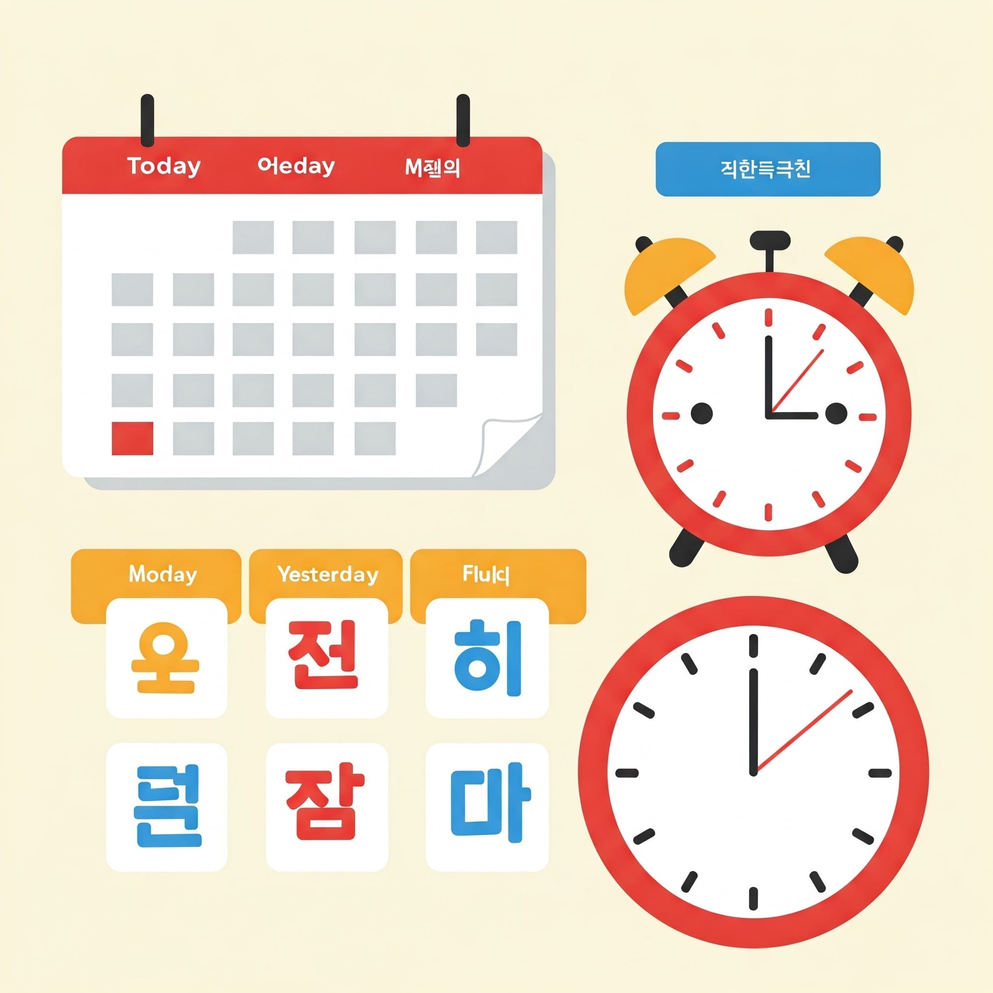カレンダー、異なる時間を示す 2 つの時計、曜日と時間を表す韓国語と英語の単語が書かれたブロック。.