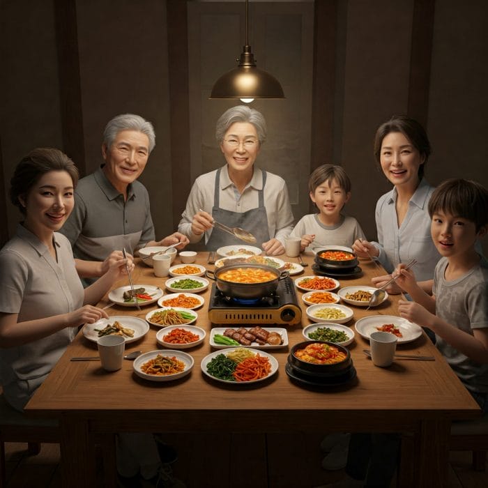 韓国語の「잘 먹겠습니다」の文字と韓国料理のイラスト