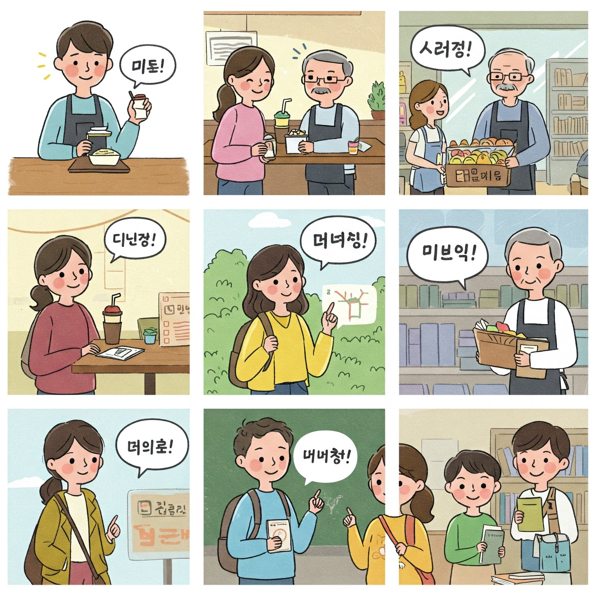 カフェ、食料品店、屋外など、日常のさまざまな場面でさまざまな人々が挨拶を交わしたり交流したりする様子を描いた漫画パネルのシリーズです。. カフェ、食料品店、屋外など、日常のさまざまな場面でさまざまな人々が挨拶を交わしたり交流したりする様子を描いた漫画パネルのシリーズです。.