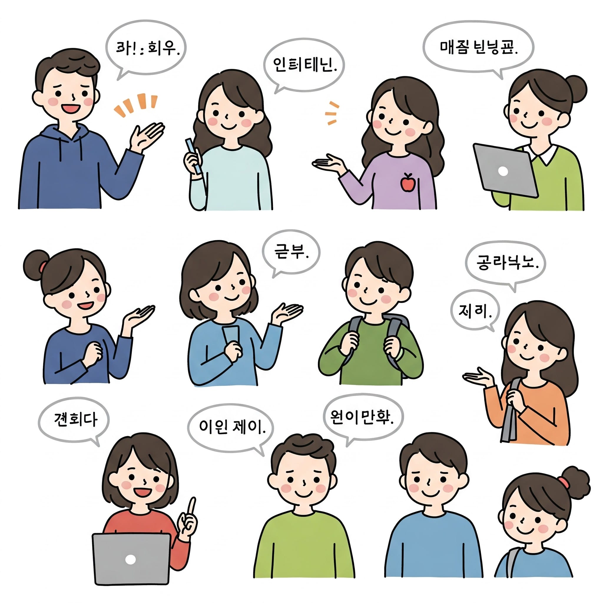 それぞれ髪型や服装が異なる 10 人の人物が吹き出しで韓国語のフレーズを話し、中にはノートパソコンやバックパックなどを持っている人物もいるイラスト。.