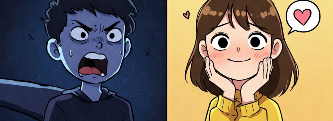 分割された画像には、左側に青い照明の下で怒って汗をかいている人物が示され、右側に黄色い背景にハートのマークが付いた笑顔の赤面した人物が示されています。.