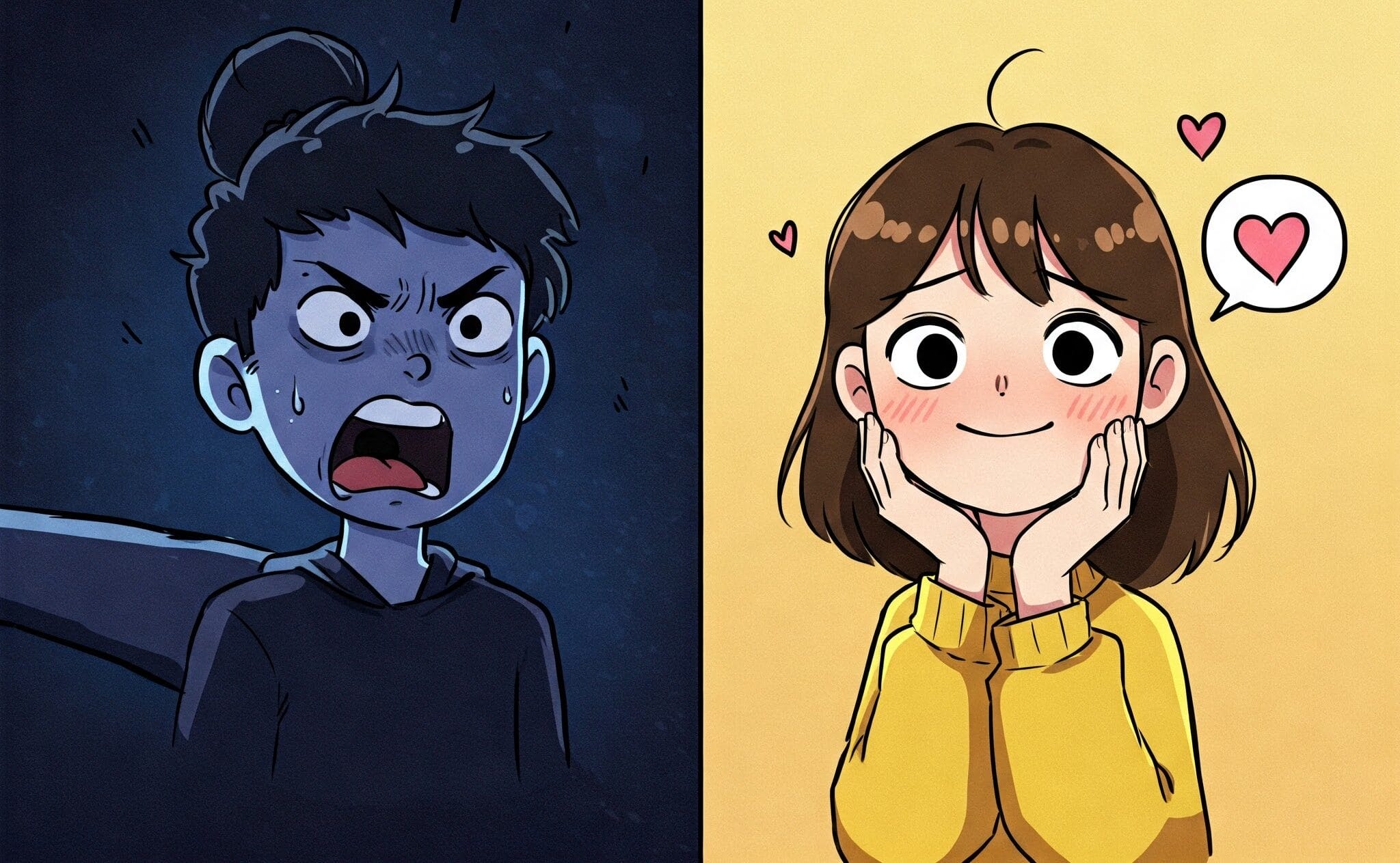 分割された画像には、左側に青い照明の下で怒って汗をかいている人物が示され、右側に黄色い背景にハートのマークが付いた笑顔の赤面した人物が示されています。. 分割された画像には、左側に青い照明の下で怒って汗をかいている人物が示され、右側に黄色い背景にハートのマークが付いた笑顔の赤面した人物が示されています。.