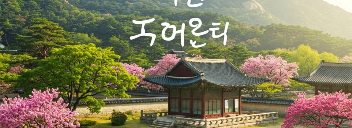 満開の桜、美しく整備された庭園、そして背景には山々に囲まれた韓国の伝統的な建物。前景にはノートが置かれ、画像の上に韓国語のテキストが重ねて表示されています。.