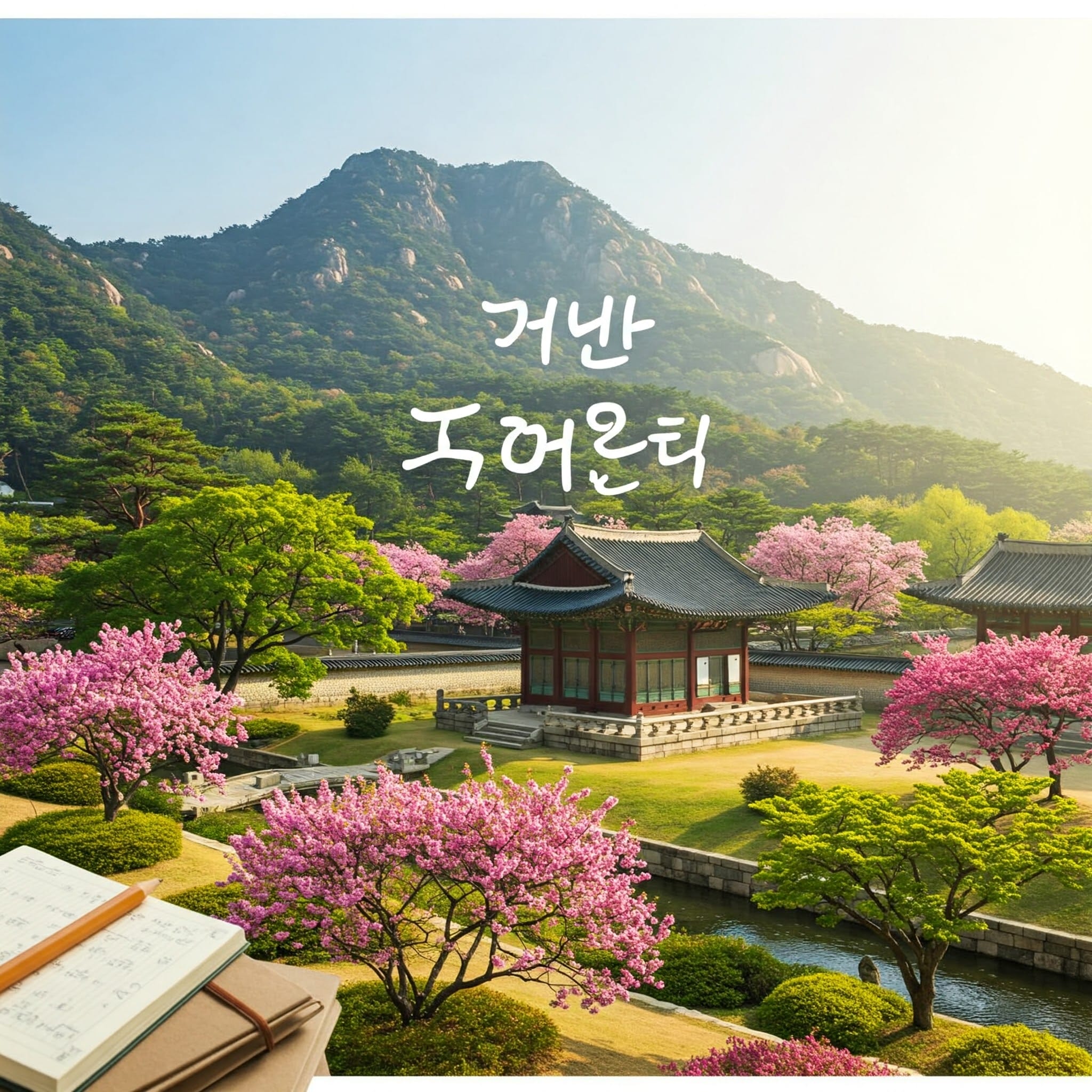 満開の桜、美しく整備された庭園、そして背景には山々に囲まれた韓国の伝統的な建物。前景にはノートが置かれ、画像の上に韓国語のテキストが重ねて表示されています。.