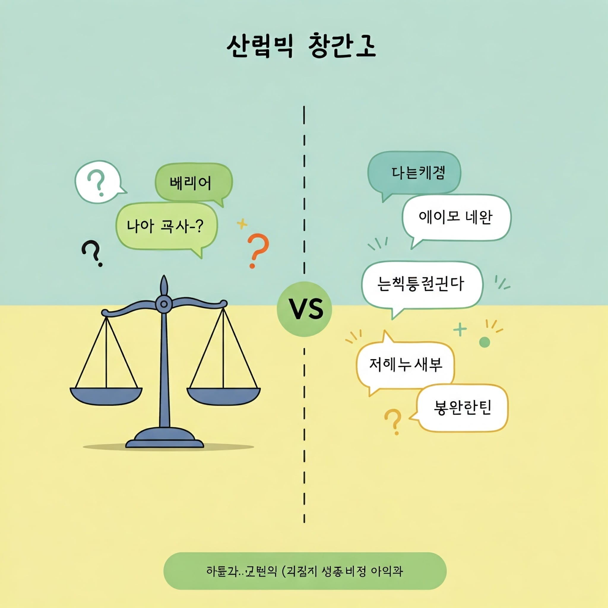 バランスの取れたスケールは、疑問符と感嘆符が付いた 2 つの韓国語フレーズのリストの中央に配置され、比較または意思決定の概念を示しています。.