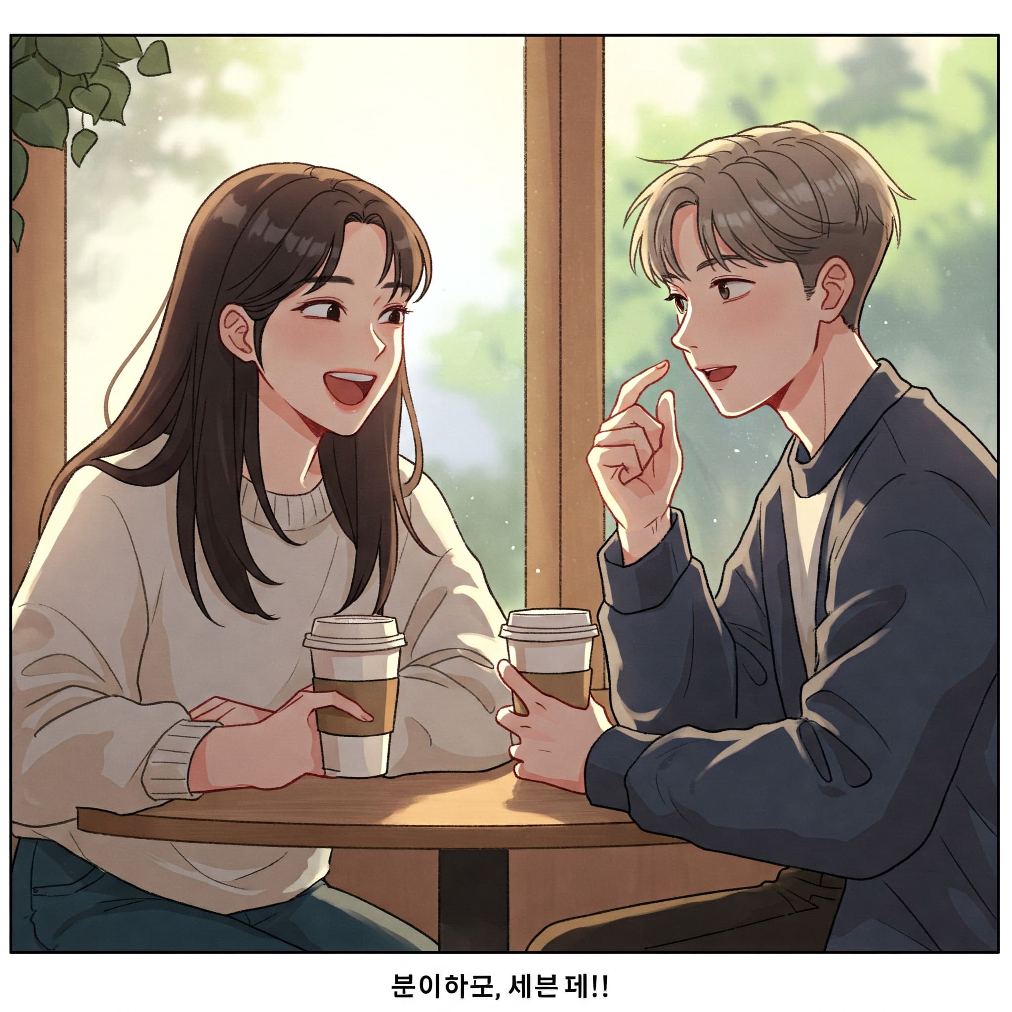 カフェのテーブルに二人が座り、コーヒーカップを持ちながら会話をしています。背後の窓から太陽の光が差し込んでいます。.