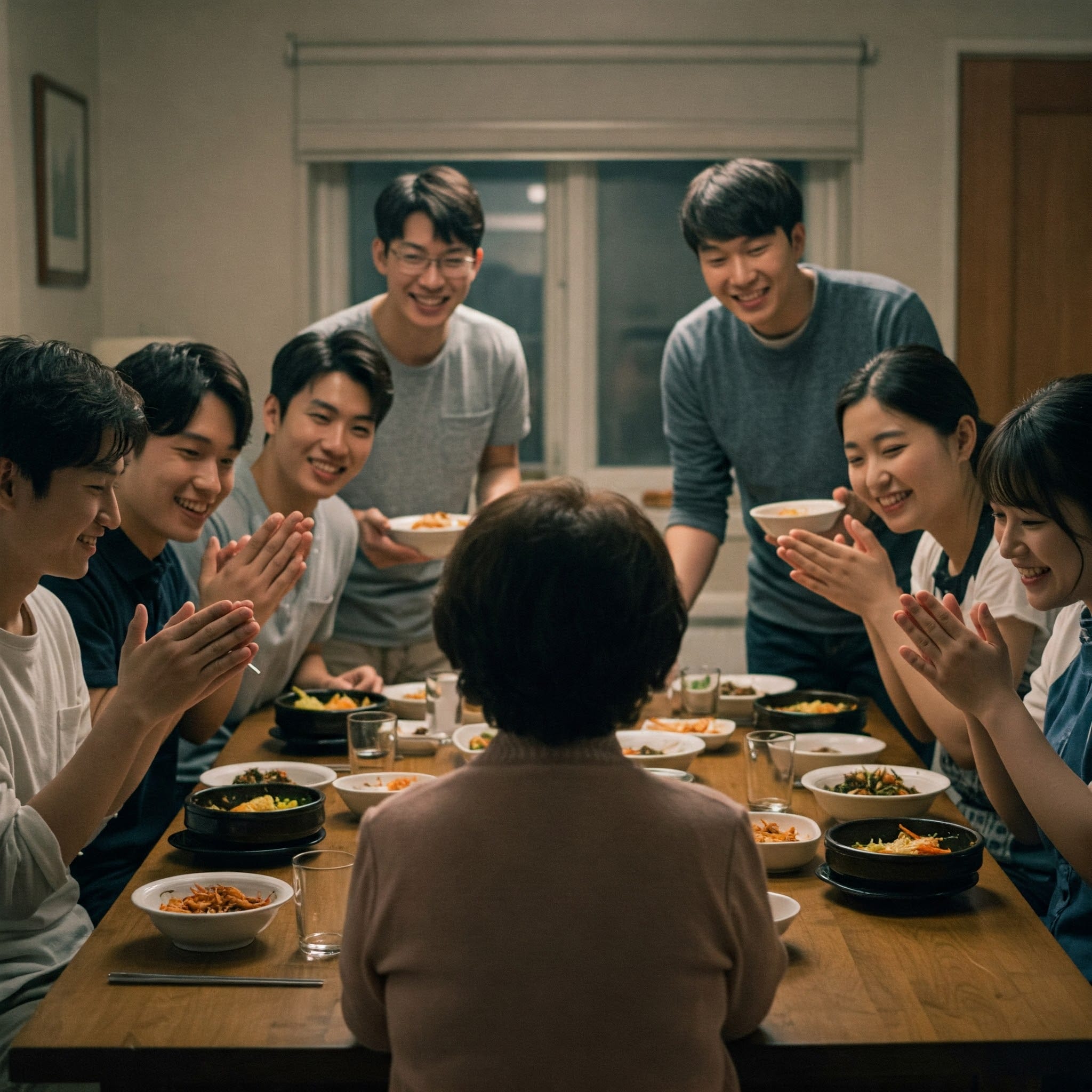 居心地の良い明るい部屋で、若い成人のグループと年配の女性が食事の前に食卓を囲んで座り、笑顔で拍手しています。.