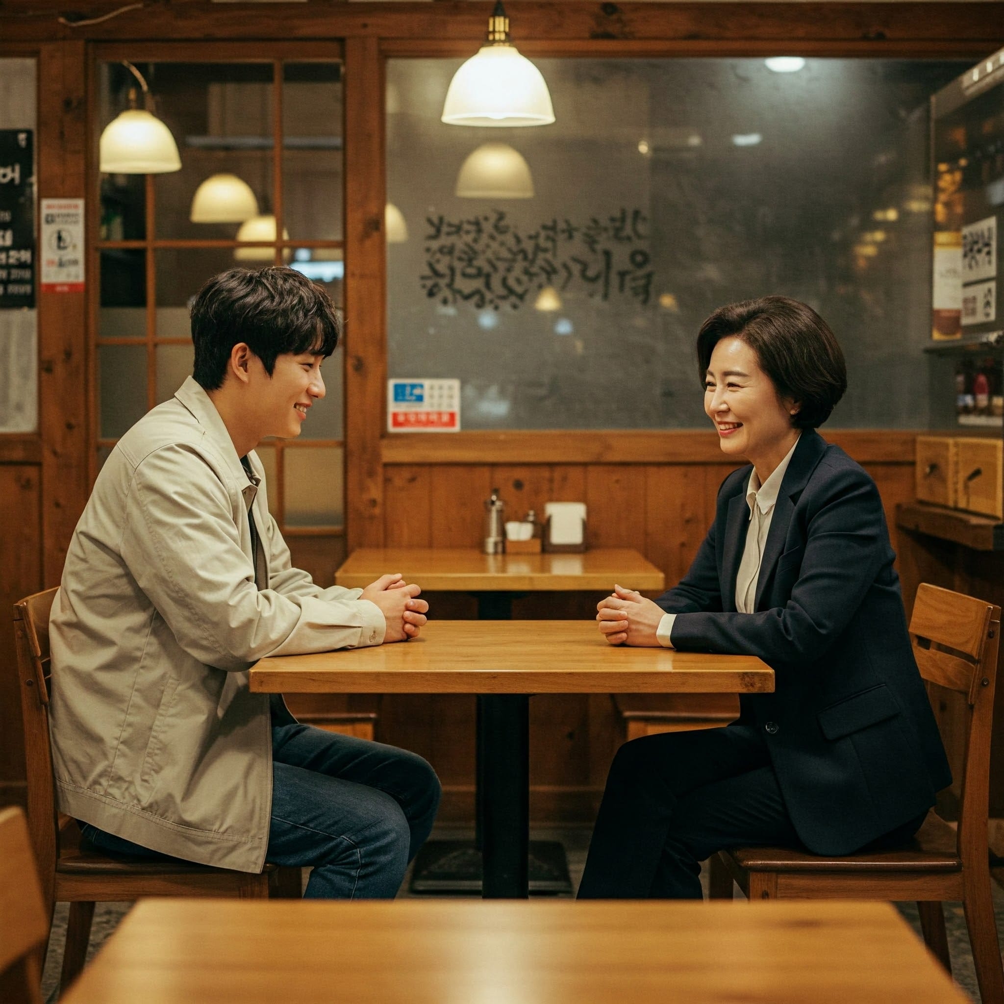 2 人の人物が、温かみのある照明が灯るレストランの木のテーブルに向かい合って座り、笑顔で会話を交わしています。. 2 人の人物が、温かみのある照明が灯るレストランの木のテーブルに向かい合って座り、笑顔で会話を交わしています。.