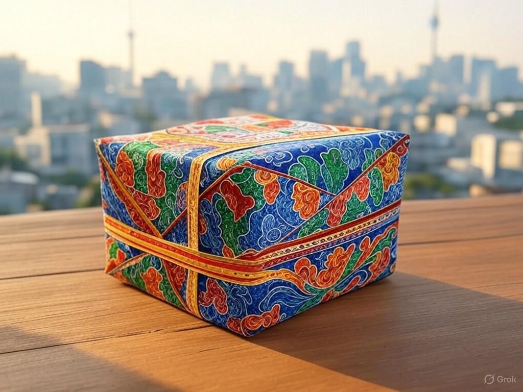 複雑な模様が施されたカラフルなギフトボックスが木の板の上に置かれている。街並みとぼやけた建物が背景となっている。.