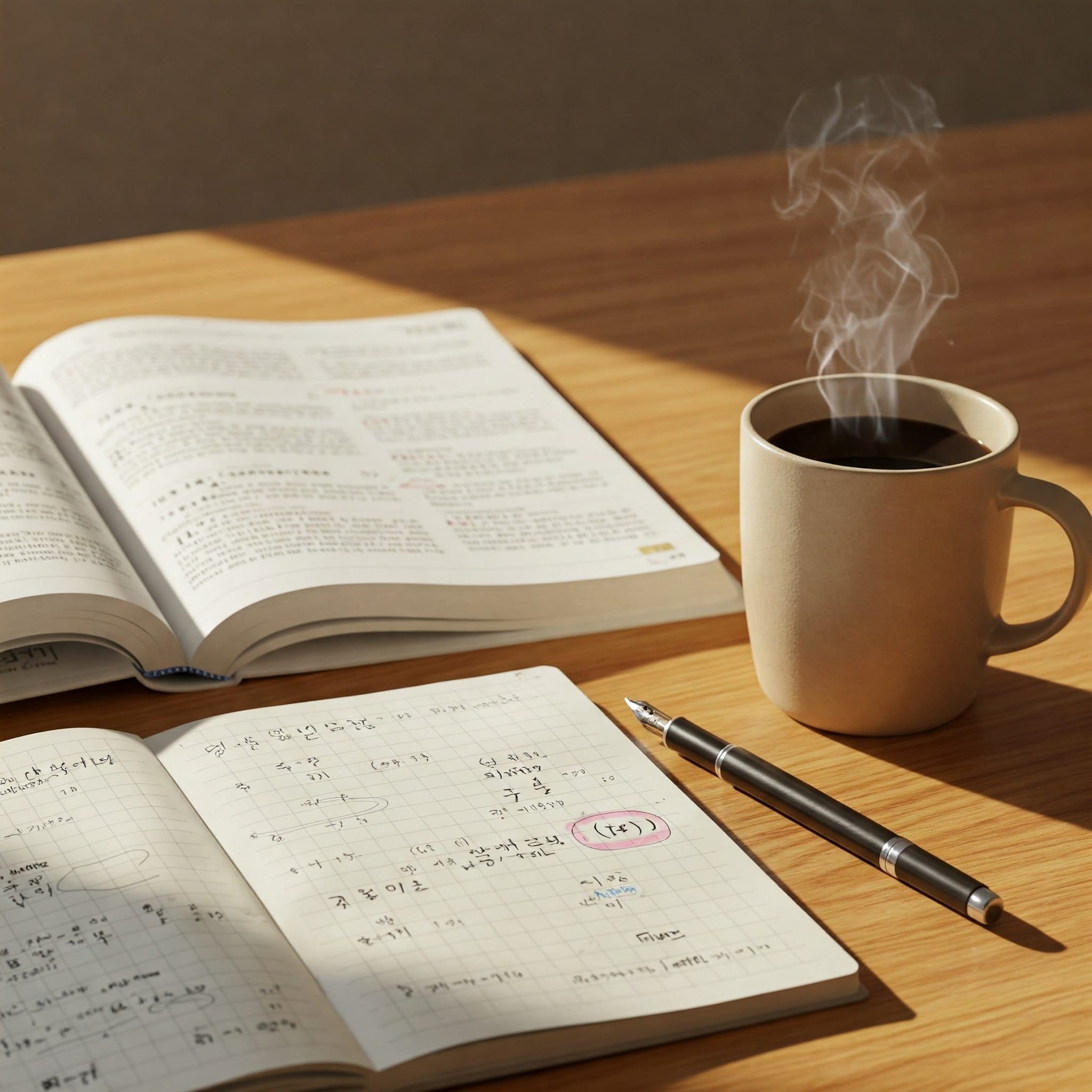 木のテーブルの上には、開いた本と数学のメモが書かれたノートがあり、湯気の立つコーヒーと銀色のペンが添えられています。.