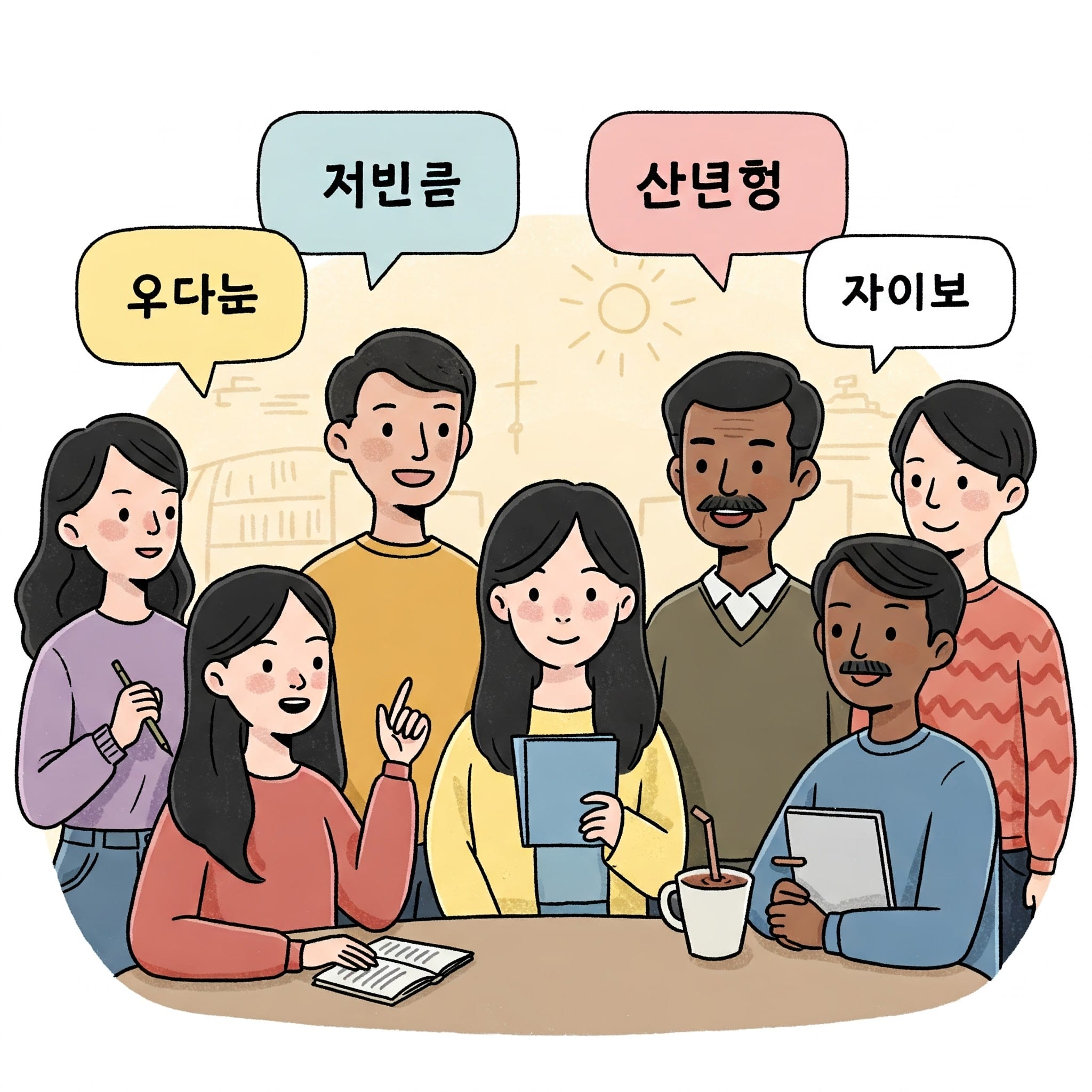 多様な7人のグループが議論に熱心に取り組んでいます。彼らの上には名前の吹き出しが表示されています。太陽のシンボルが描かれたシンプルな背景に、メモ、本、マグカップを持っています。.