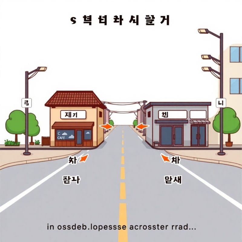 道を挟んで向かい合う建物（カフェと郵便局）のイラスト