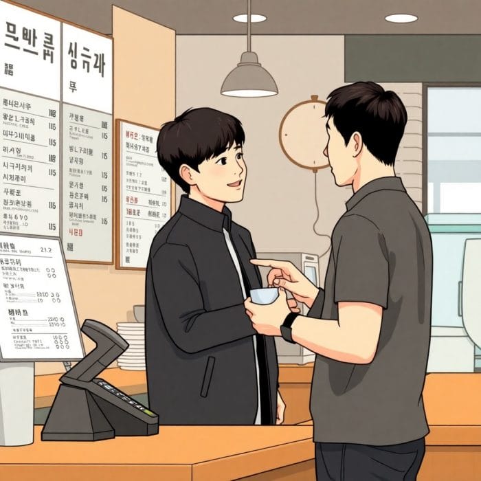 韓国カフェのカウンターで注文する客とバリスタ、呼び出しベルのイラスト