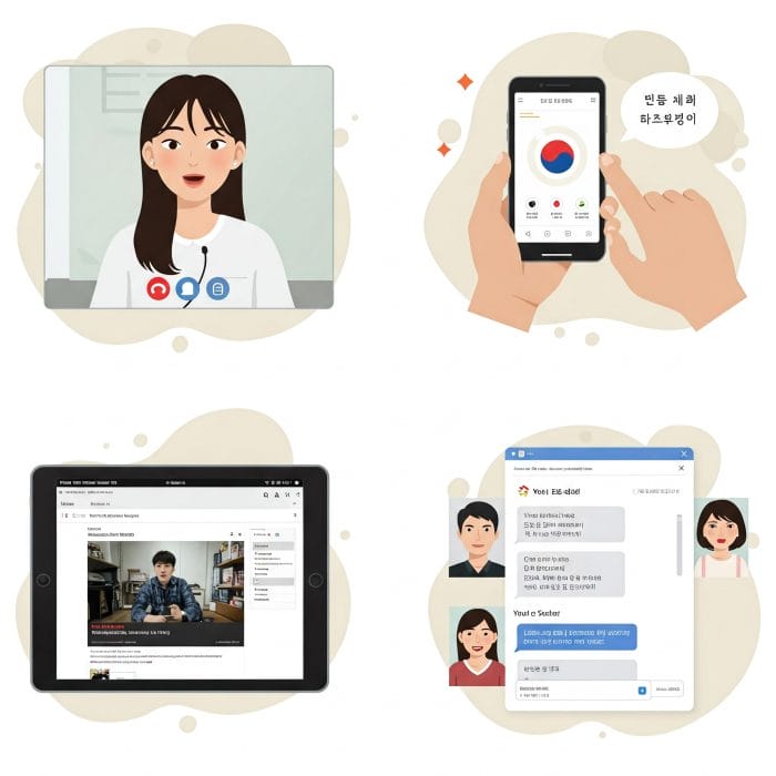 様々なオンライン韓国語学習方法を示すイメージコラージュ。ビデオ通話、アプリ、動画、チャット。