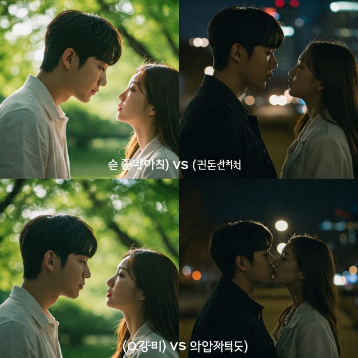 公園でポポをするカップルと、夜景でキスをするカップルの比較イメージ