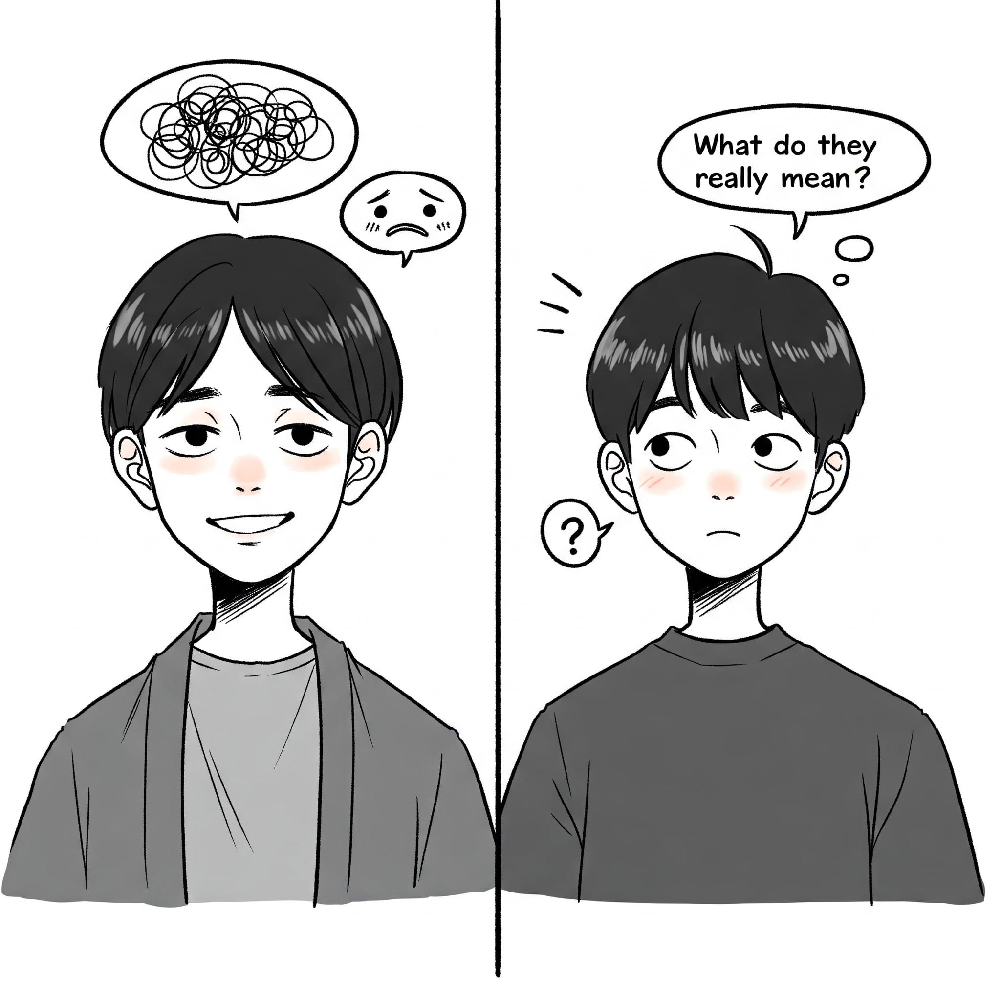 分割された画像には、落書きの吹き出しと悲しそうな顔をした 1 人の人物と、「本当は何を意味しているのですか?」と尋ねる吹き出しをつけた困惑した表情の別の人物が示されています。.