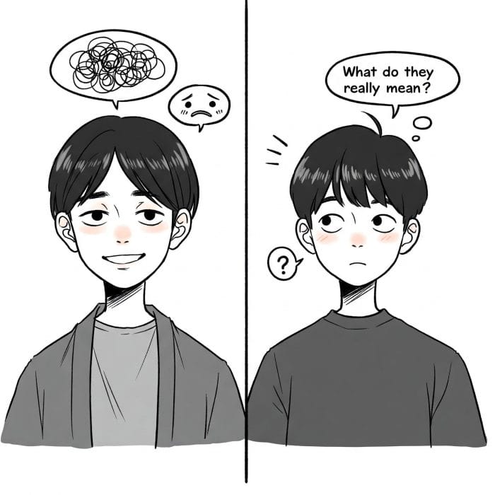 本音と建前の板挟みになる日本人と、それを不思議そうに見る韓国人のイラスト