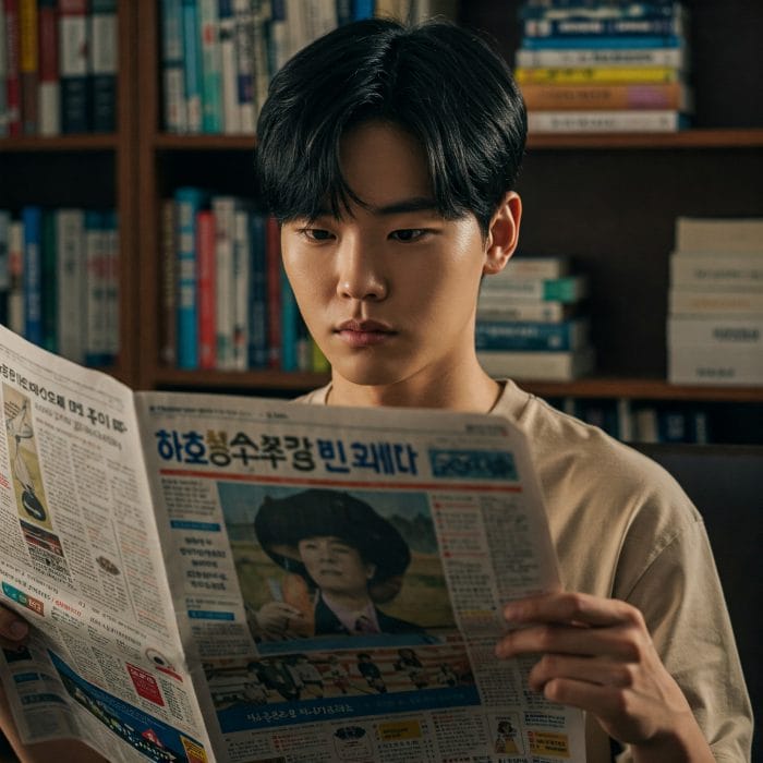 韓国語の新聞を読んでいる人物のイメージ。한다体の使用場面を示す。