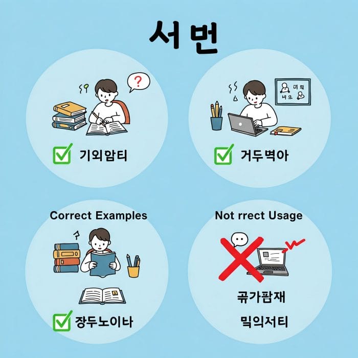 形容詞「예쁘다」の前に「못」があり、それに赤い禁止マークが付いているイラスト。