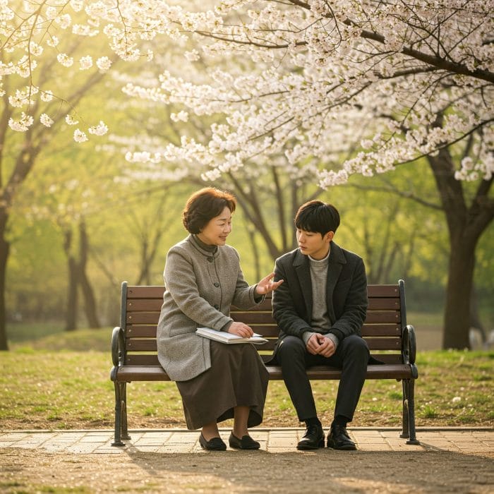 公園のベンチで話す年上女性(ヌナ)と年下男性、春の風景