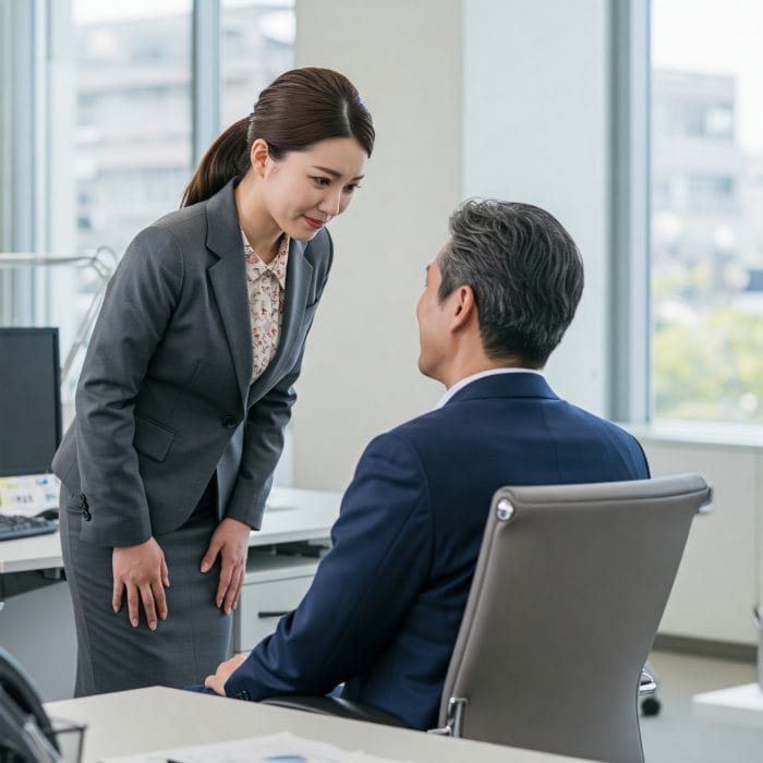 オフィスで、若い女性が上司らしき人物に丁寧にお辞儀をしながら何かを尋ねようとしている瞬間。