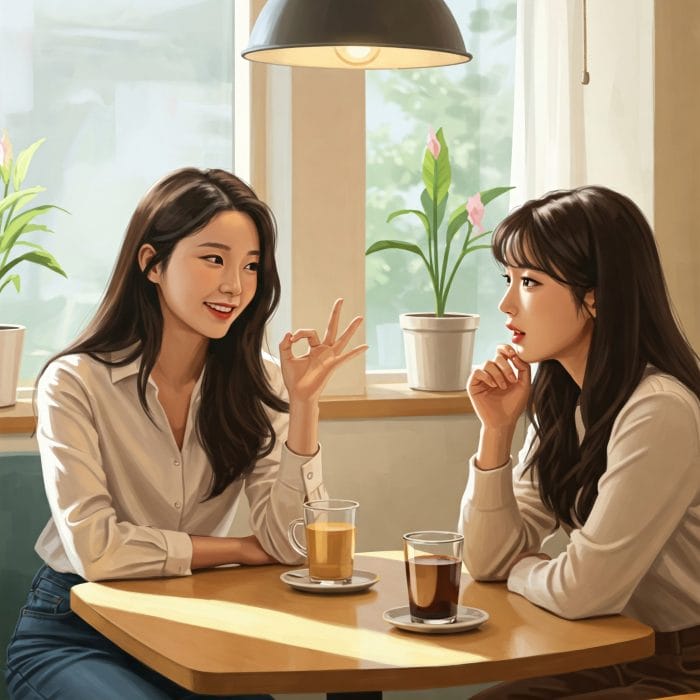 カフェで談笑する二人の若い女性が、楽しそうにOKサインを交わしている様子。