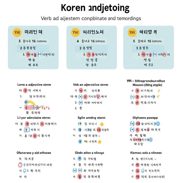 韓国語の動詞・形容詞の語幹が-았어요, -었어요, -했어요と結合する様子を示したインフォグラフィック