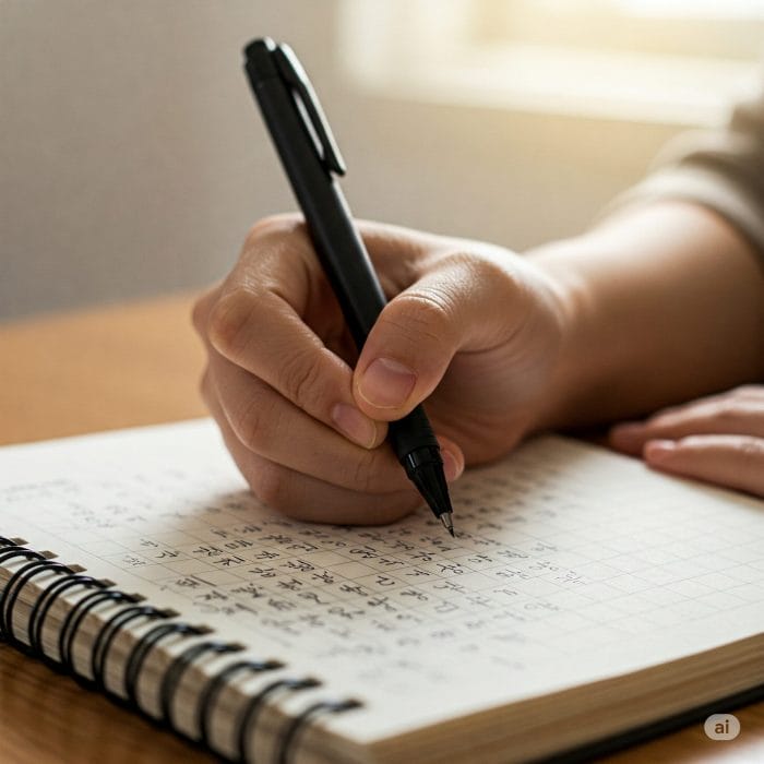韓国語のハングル文字が書かれたノートとペン、学習のイメージ