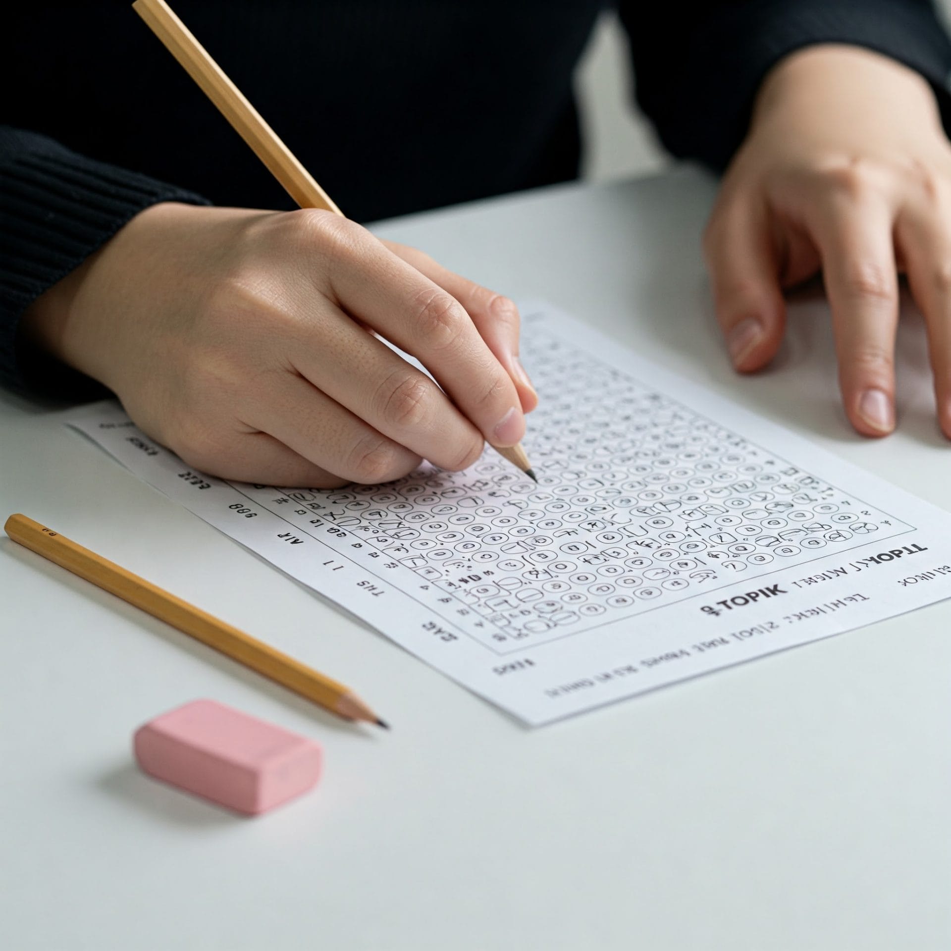 TOPIKの試験問題と鉛筆、消しゴム。