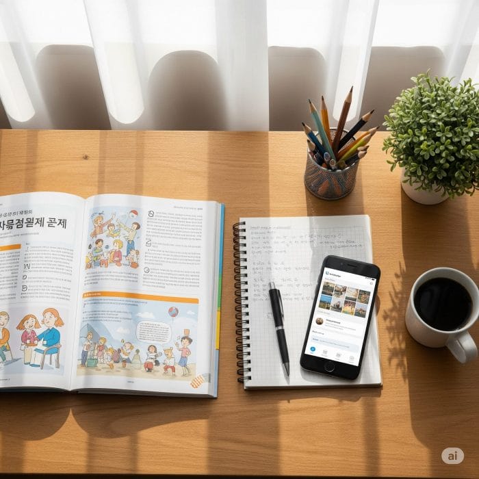 韓国語学習の準備が整った机の上、教科書、ノート、スマートフォン