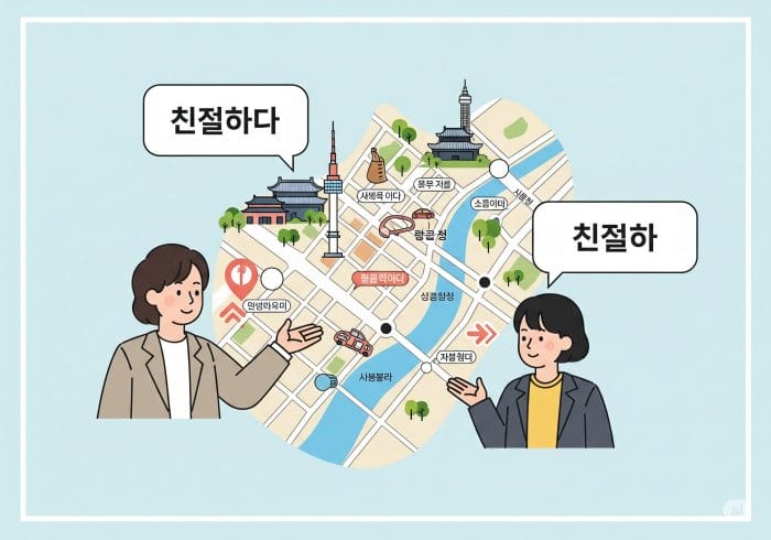 親切な店員が客に道を案内しているインフォグラフィック風イラスト