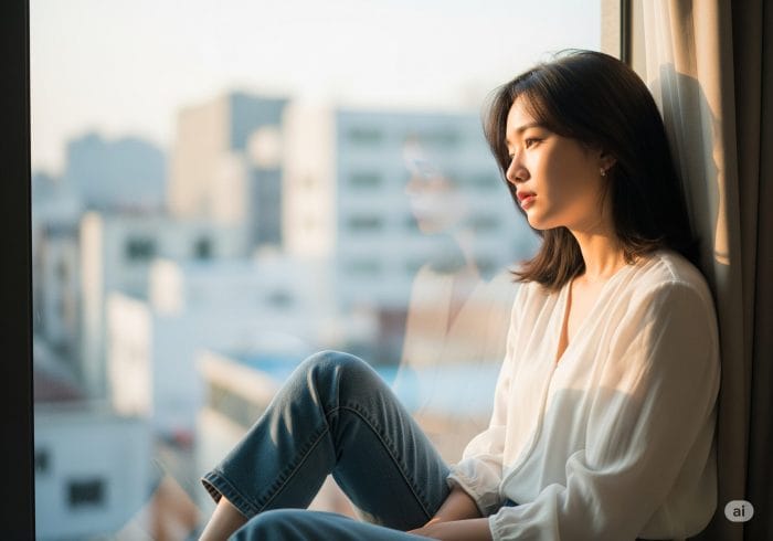 窓の外を眺めながら物思いにふける若い女性、「クニャン」の「なんとなく」のニュアンスを表現