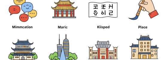 コミュニケーション、食べ物、ランドマーク、文化、学習など、韓国に関連するスペルミスのある英語の単語をシンプルな絵と組み合わせたイラストアイコン。.