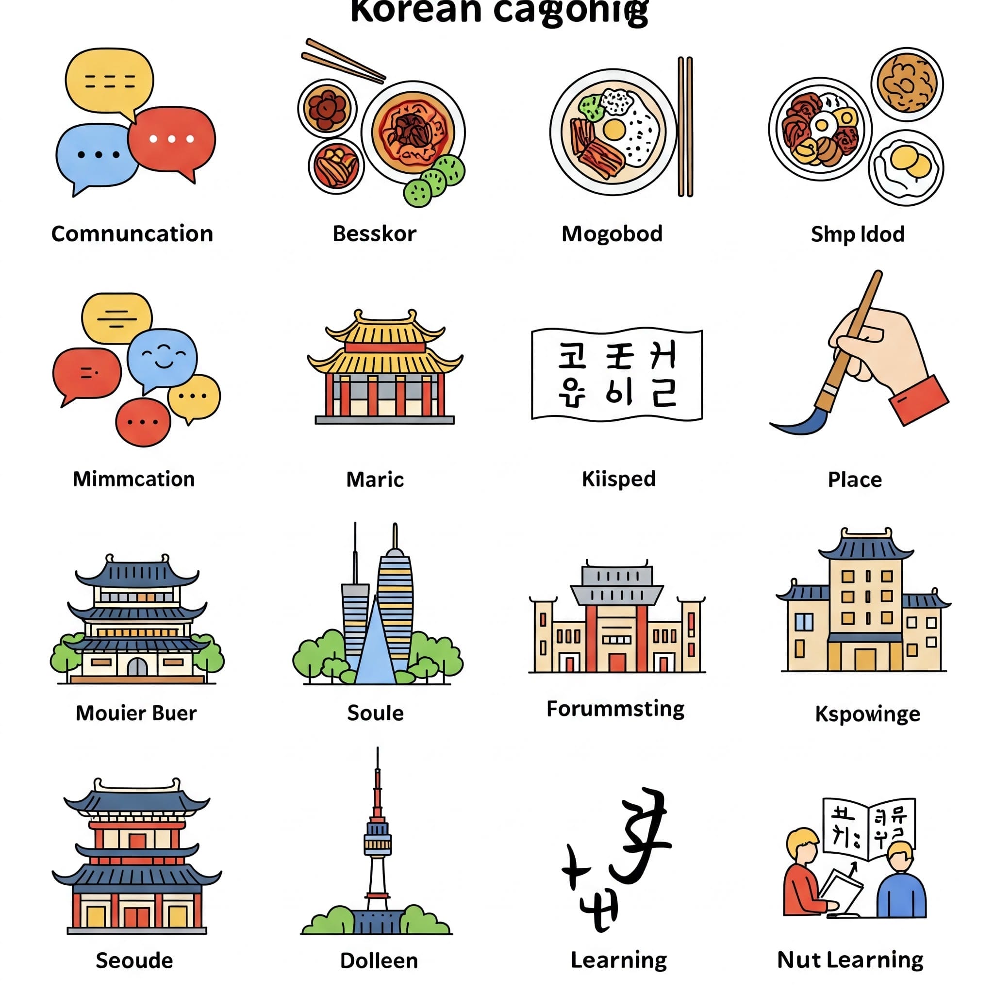 コミュニケーション、食べ物、ランドマーク、文化、学習など、韓国に関連するスペルミスのある英語の単語をシンプルな絵と組み合わせたイラストアイコン。.