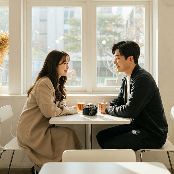カフェで楽しそうに話す韓国人の若いカップル