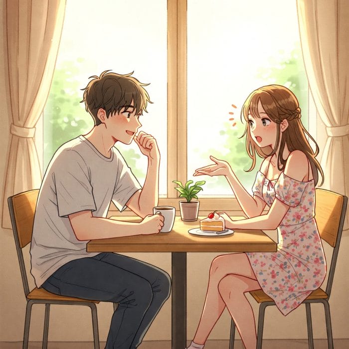 カフェで너を使って話す若い友人たち