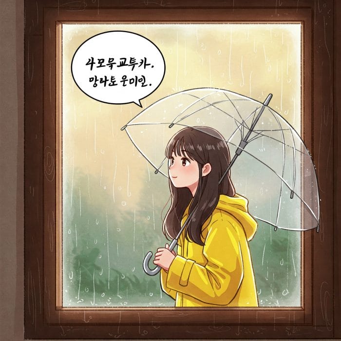 雨の日の窓と傘を持つ人のイラスト